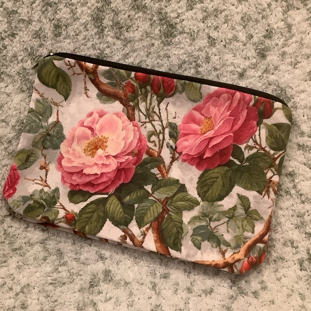Pink Floral Roses Botanical Cosmetic Travel Jewelry Bag NWT 6x8.5”